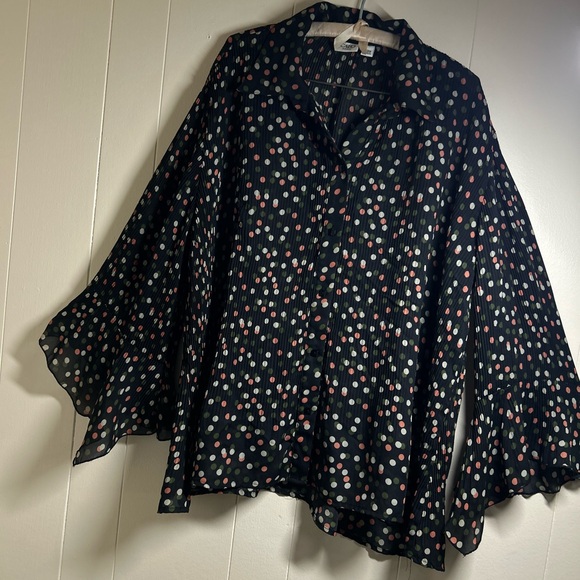 ASOS Womens Pleated Polka Dot 18/20W Blouse Black Sheer Bell Sleeve Flowy Top - Picture 3 of 13